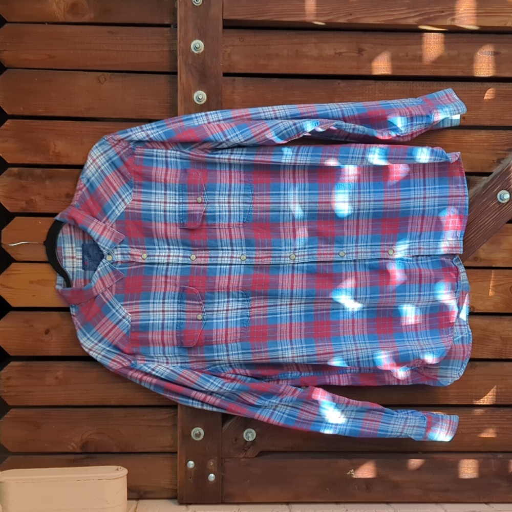 Men's Lucky Brand Red and Blue Casual Plaid Shirt